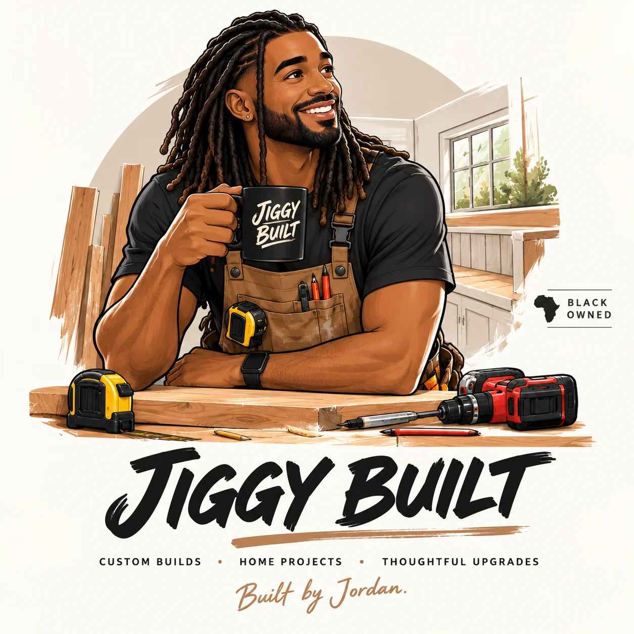 Illustration of Jordan, the craftsman behind Jiggy Built, with shoulder-length locs at his workbench
